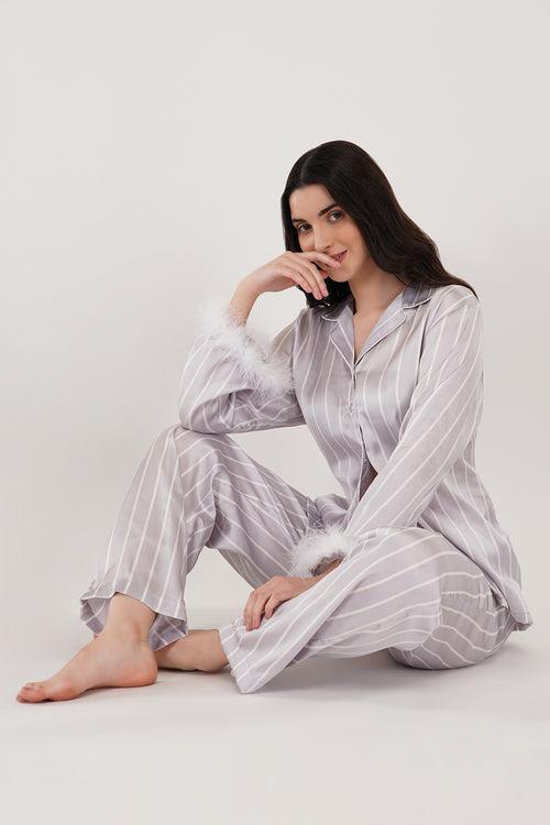 Lavender Bliss | Lavender Satin Loungewear Set with Fur