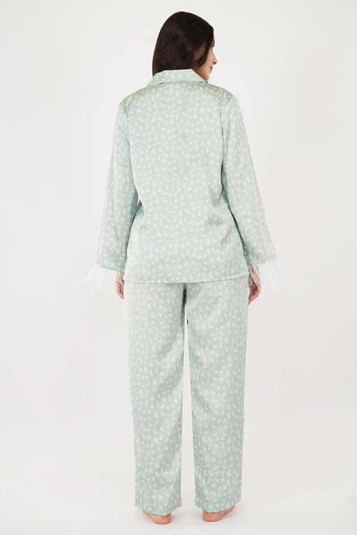 Sea Green | Mint-Green Satin Loungewear Set with Fur