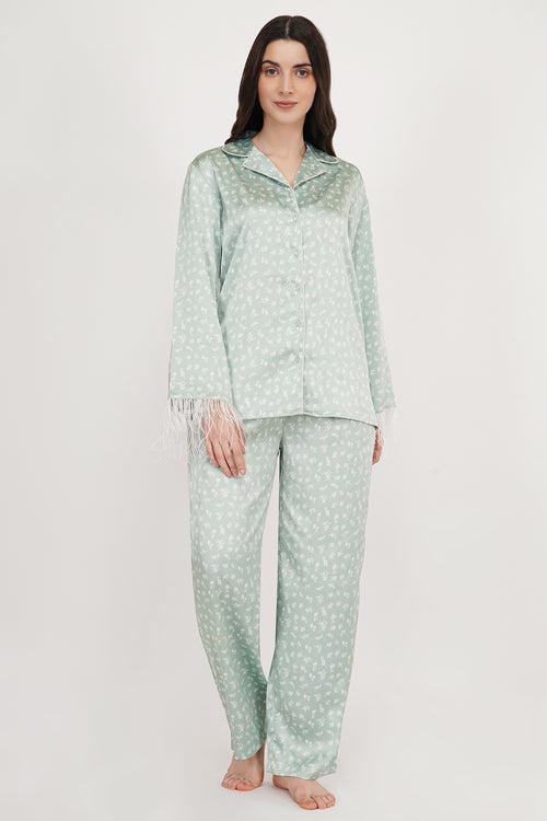 Sea Green | Mint-Green Satin Loungewear Set with Fur