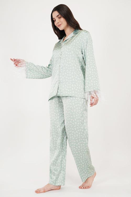 Sea Green | Mint-Green Satin Loungewear Set with Fur