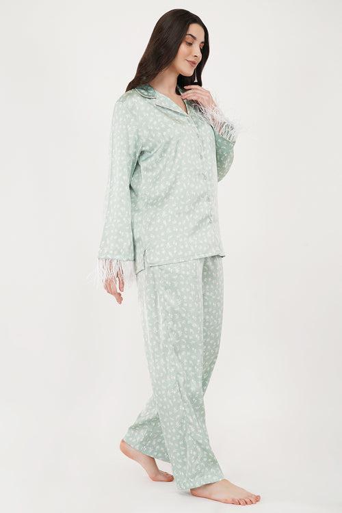 Sea Green | Mint-Green Satin Loungewear Set with Fur