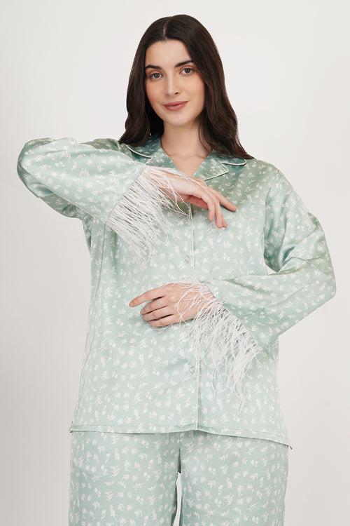 Sea Green | Mint-Green Satin Loungewear Set with Fur