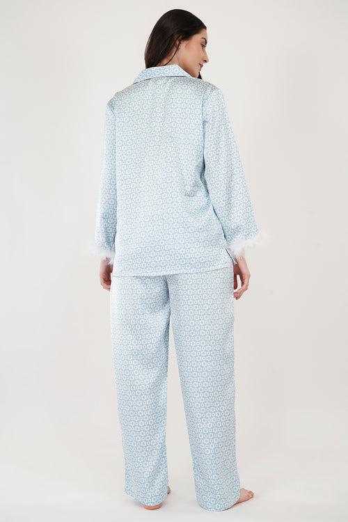 Blue Daisy | Blue Print Satin Loungewear Set with Fur