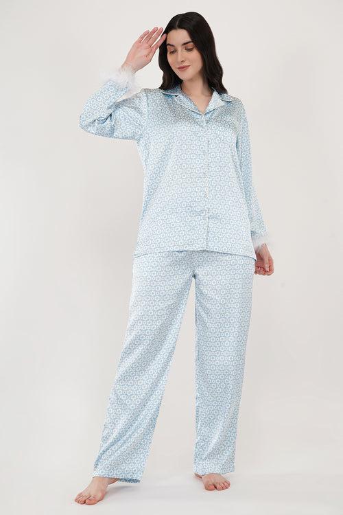 Blue Daisy | Blue Print Satin Loungewear Set with Fur