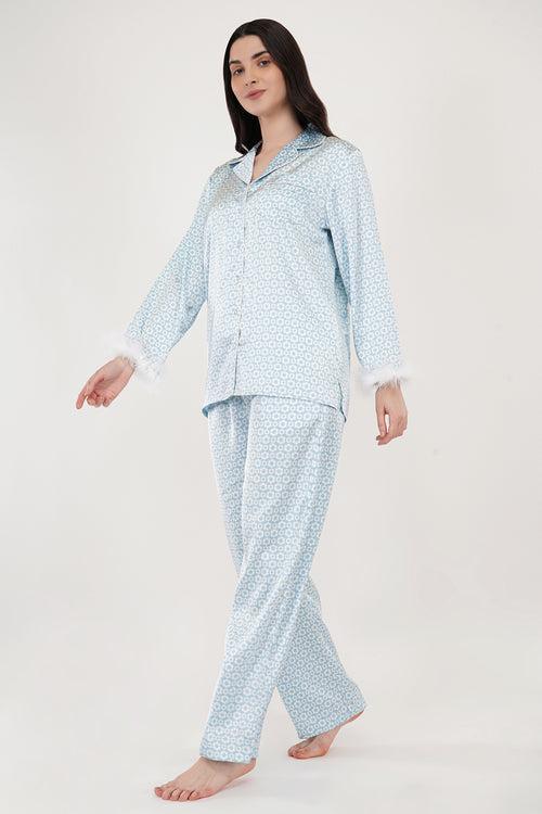 Blue Daisy | Blue Print Satin Loungewear Set with Fur