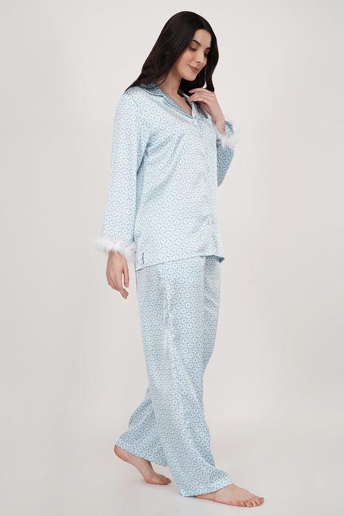 Blue Daisy | Blue Print Satin Loungewear Set with Fur