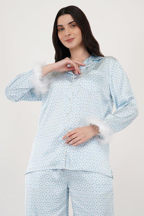 Blue Daisy | Blue Print Satin Loungewear Set with Fur