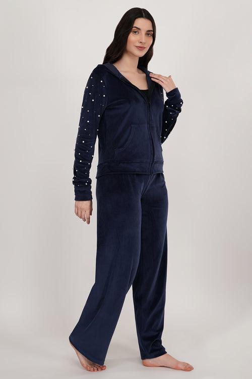 NAVY BLUE PEARL TRACKSUIT |VELVET TRACKSUITS