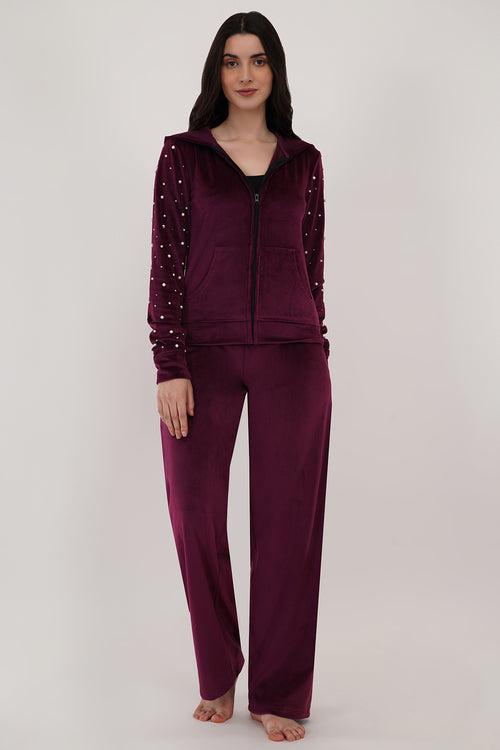 WINE PEARL VELVET TRACKSUIT | VELVET TRACKSUIT