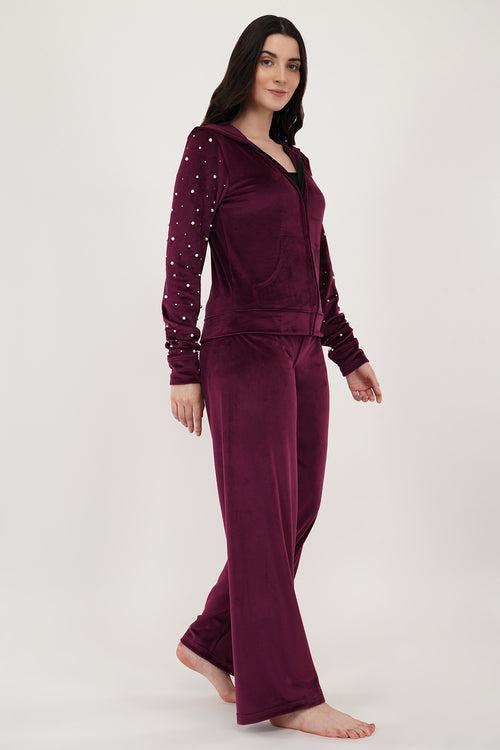 WINE PEARL VELVET TRACKSUIT | VELVET TRACKSUIT