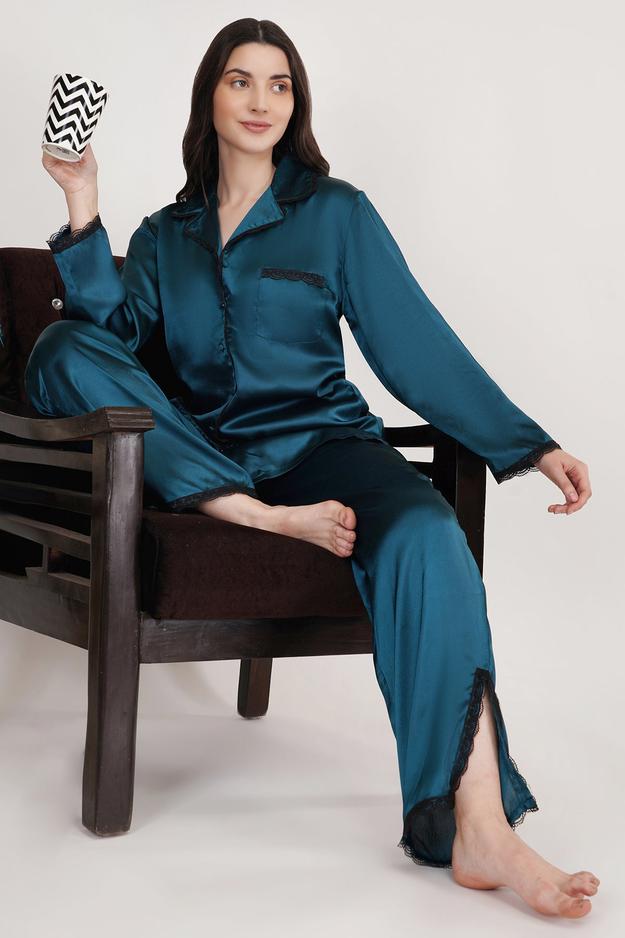 Star Glow | Teal Blue Satin Loungewear Set