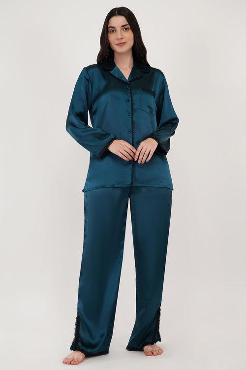 Star Glow | Teal Blue Satin Loungewear Set