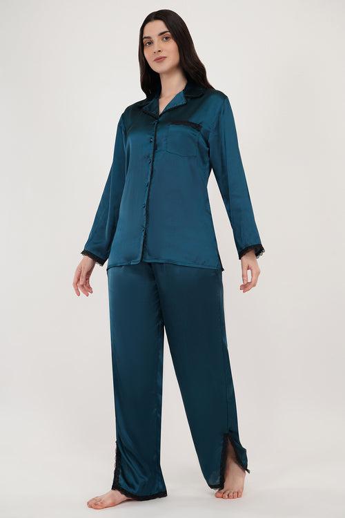 Star Glow | Teal Blue Satin Loungewear Set