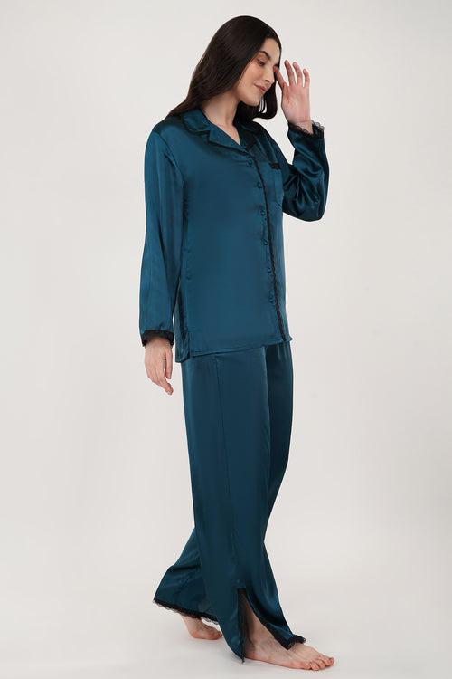 Star Glow | Teal Blue Satin Loungewear Set