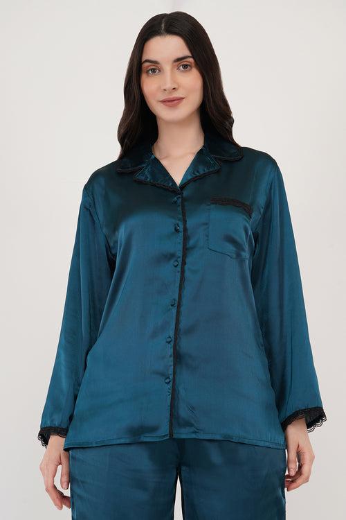 Star Glow | Teal Blue Satin Loungewear Set