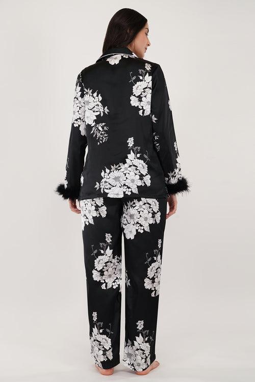 Satin Whisper| Black & White Floral Print Satin Loungewear Set with Fur