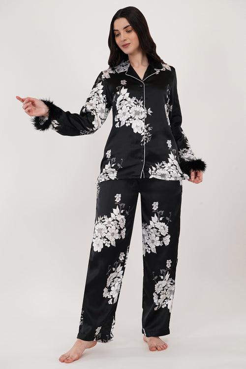 Satin Whisper| Black & White Floral Print Satin Loungewear Set with Fur