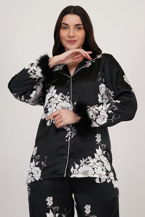 Satin Whisper| Black & White Floral Print Satin Loungewear Set with Fur