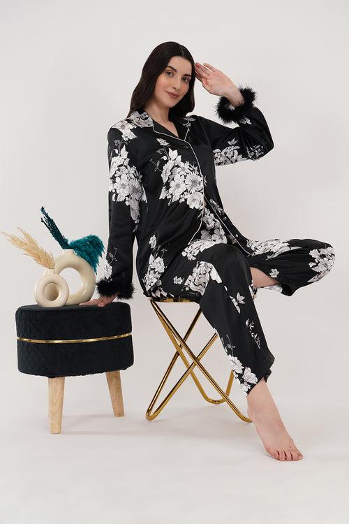 Satin Whisper| Black & White Floral Print Satin Loungewear Set with Fur