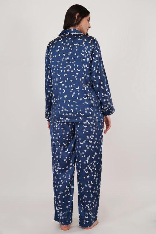 MOON N STARS | NAVY BLUE SATIN LOUNGE WEAR SET