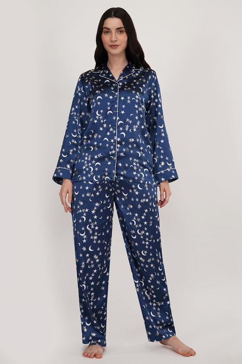 MOON N STARS | NAVY BLUE SATIN LOUNGE WEAR SET