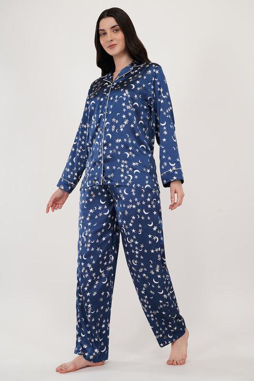 MOON N STARS | NAVY BLUE SATIN LOUNGE WEAR SET