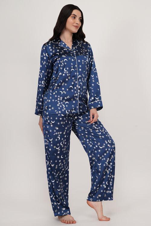 MOON N STARS | NAVY BLUE SATIN LOUNGE WEAR SET