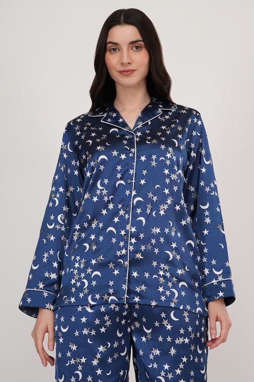 MOON N STARS | NAVY BLUE SATIN LOUNGE WEAR SET