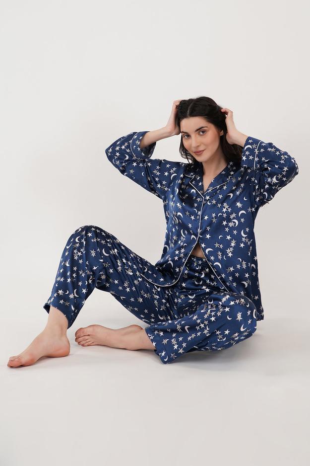 MOON N STARS | NAVY BLUE SATIN LOUNGE WEAR SET