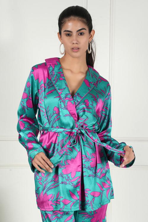 Aqua Blush Satin Floral Co-ord Set