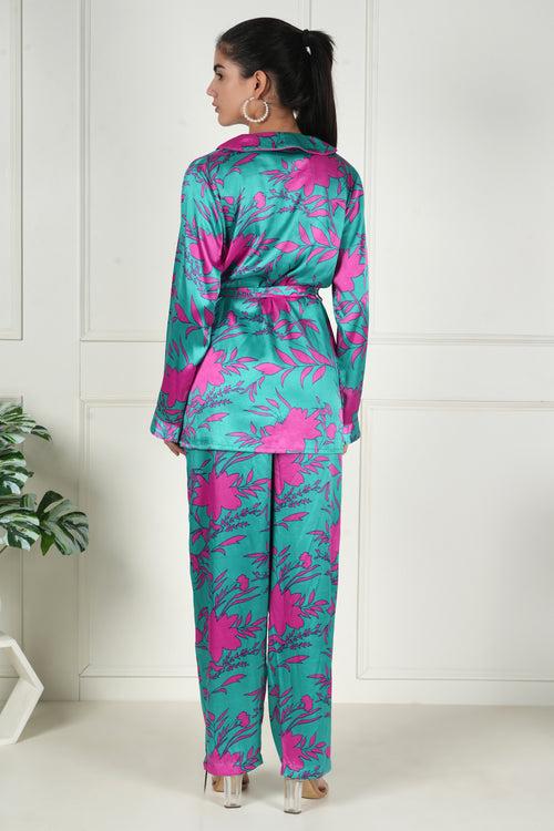 Aqua Blush Satin Floral Co-ord Set