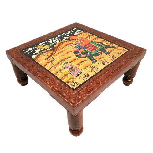 Wooden Chowki | Decorative Hand Painted Bajot / Patla  - For Home, Living Room, Sitting, Sofa Corners Decor & Gifts - 14 Inch