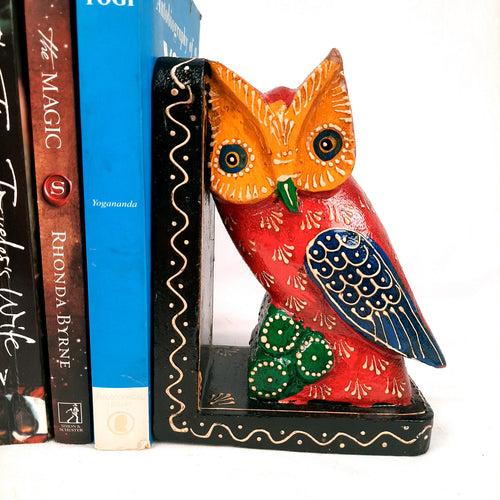 Wooden Book Ends - Elephant & Owl Design | Quirky Book Organizer | Book Racks Shelf - For Home, Table, Shelves, Kids Room, Study, Office Decor & Gifts - 8 Inch