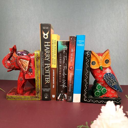 Wooden Book Ends - Elephant & Owl Design | Quirky Book Organizer | Book Racks Shelf - For Home, Table, Shelves, Kids Room, Study, Office Decor & Gifts - 8 Inch
