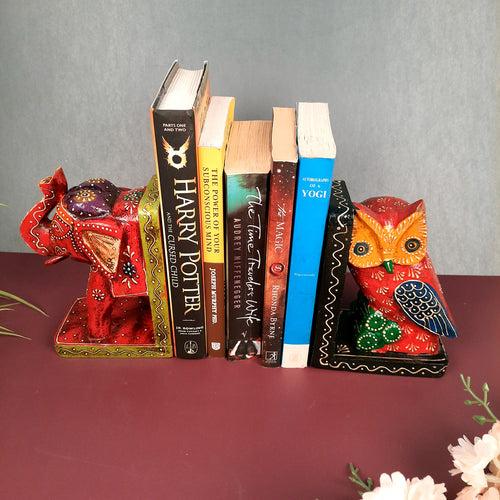 Wooden Book Ends - Elephant & Owl Design | Quirky Book Organizer | Book Racks Shelf - For Home, Table, Shelves, Kids Room, Study, Office Decor & Gifts - 8 Inch