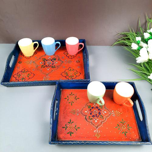 Wooden Tray | Serving Trays For Tea, Coffee & Snacks | Multipurpose Decorative Tray & Platters - For Home, Dining Table Organization, Kitchen & Gifts - Set of 2 ( 14 Inch & 13 Inch)
