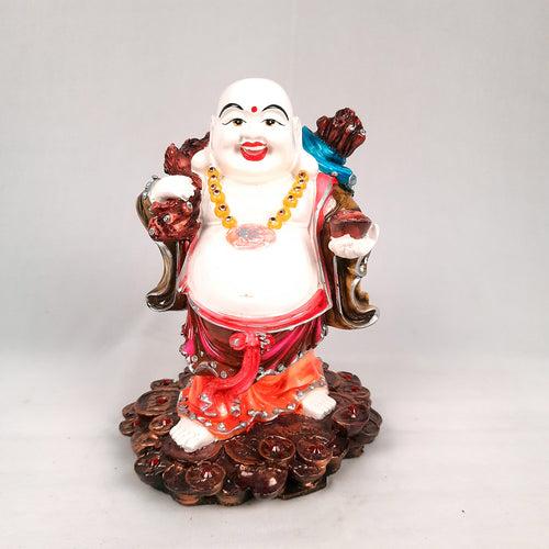 Laughing Buddha Showpiece With Money Bag - Standing On Coins Designs | Happy Man Fen Shui Statue For Money, Wealth & Prosperity - For Vastu, Home, Table & Office Decor & Gift - 9 Inch