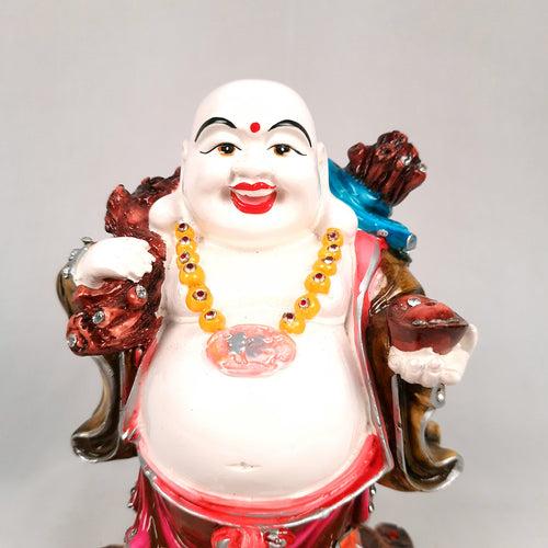 Laughing Buddha Showpiece With Money Bag - Standing On Coins Designs | Happy Man Fen Shui Statue For Money, Wealth & Prosperity - For Vastu, Home, Table & Office Decor & Gift - 9 Inch