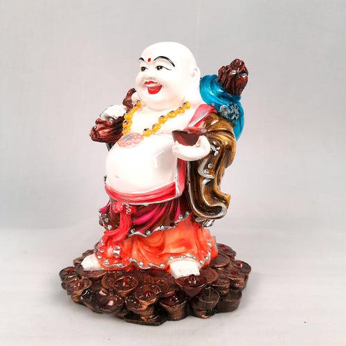 Laughing Buddha Showpiece With Money Bag - Standing On Coins Designs | Happy Man Fen Shui Statue For Money, Wealth & Prosperity - For Vastu, Home, Table & Office Decor & Gift - 9 Inch