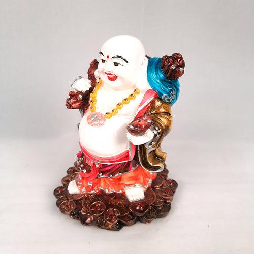 Laughing Buddha Showpiece With Money Bag - Standing On Coins Designs | Happy Man Fen Shui Statue For Money, Wealth & Prosperity - For Vastu, Home, Table & Office Decor & Gift - 9 Inch