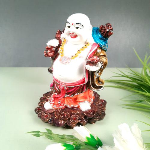 Laughing Buddha Showpiece With Money Bag - Standing On Coins Designs | Happy Man Fen Shui Statue For Money, Wealth & Prosperity - For Vastu, Home, Table & Office Decor & Gift - 9 Inch