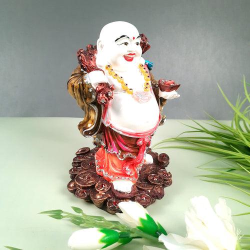 Laughing Buddha Showpiece With Money Bag - Standing On Coins Designs | Happy Man Fen Shui Statue For Money, Wealth & Prosperity - For Vastu, Home, Table & Office Decor & Gift - 9 Inch