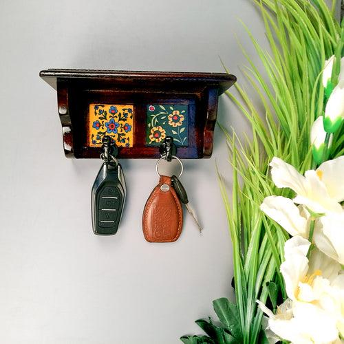 Wall Key Hooks With Wooden Shelf - Wall Mount | Floating Shelves For Decorating Showpieces, Vases, Candle Holders & Books | Key Holder Organiser - Home, Entrance, Office Decor & Gifts - Set of 2