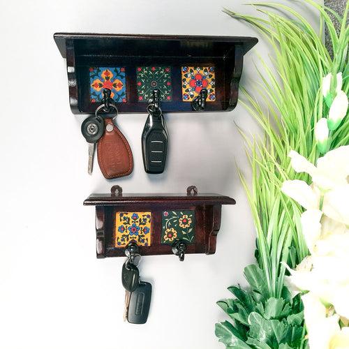 Wall Key Hooks With Wooden Shelf - Wall Mount | Floating Shelves For Decorating Showpieces, Vases, Candle Holders & Books | Key Holder Organiser - Home, Entrance, Office Decor & Gifts - Set of 2