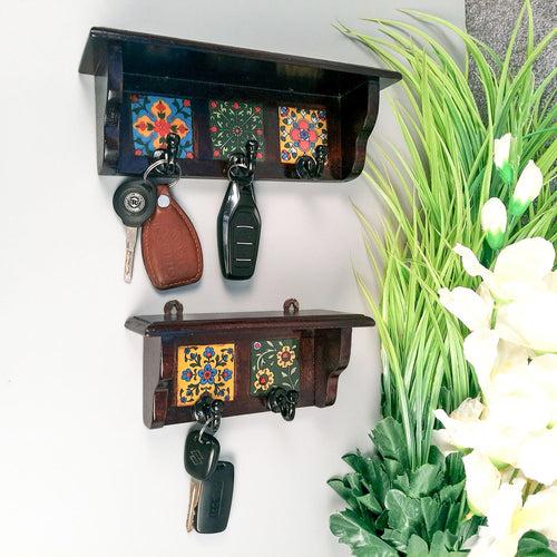 Wall Key Hooks With Wooden Shelf - Wall Mount | Floating Shelves For Decorating Showpieces, Vases, Candle Holders & Books | Key Holder Organiser - Home, Entrance, Office Decor & Gifts - Set of 2