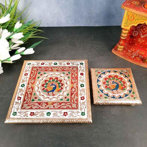 Pooja Chowki Bajot | Wooden Chowki Set - For Pooja, Festivals, Temple & Home Décor - 6, 10 Inch (Pack of 2)