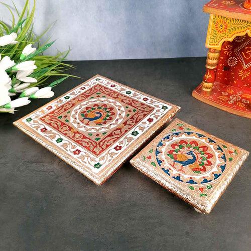 Pooja Chowki Bajot | Wooden Chowki Set - For Pooja, Festivals, Temple & Home Décor - 6, 10 Inch (Pack of 2)