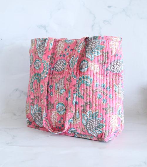 Block print tote bag - Boho quilted women's bags - Women's handbag - Pink Floral