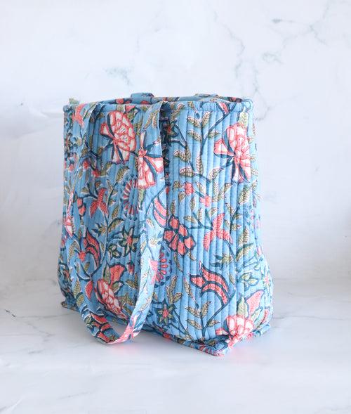 Block print tote bag - Boho quilted women's bags - Women's handbag - Sky blue floral