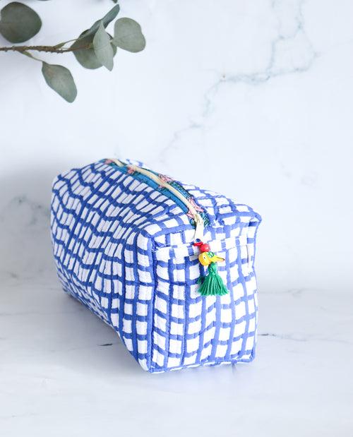 Large Cosmetic bag - Makeup bag - Block print fabric travel pouch-  Blue Checks